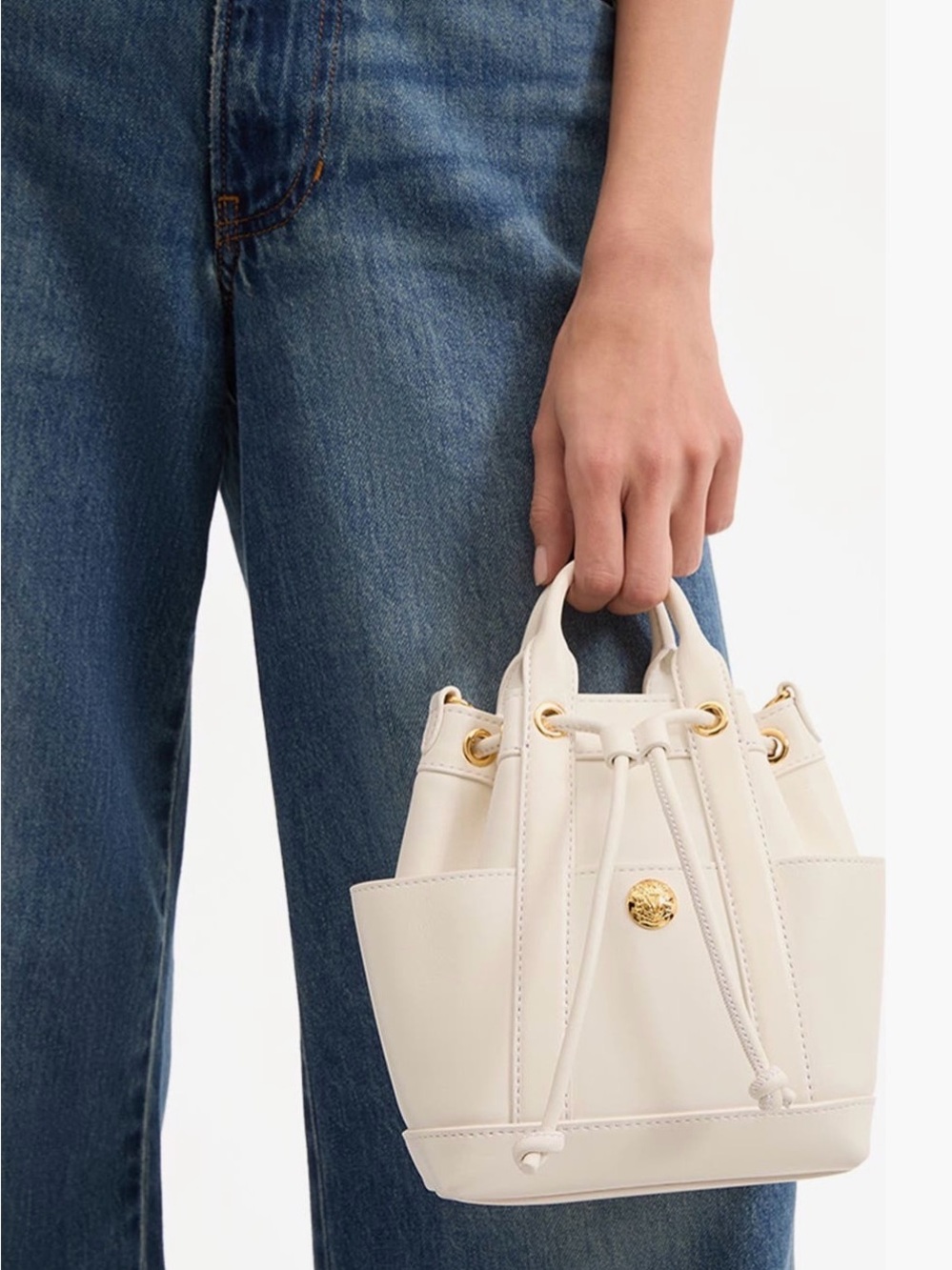 Veronica Beard “Mini Goody Bag” White Leather Drawstring Crossbody Bucket Bag. - Picture 2 of 16